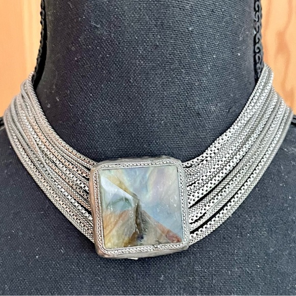 Silver Multistrand Necklace with Colorful Stone Chainmail Grunge Choker Boho VTG - Picture 9 of 12